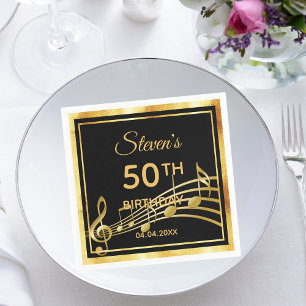 50th誕生日パーティー黒い金ゴールドミュージックノート男 スタンダードカクテルナプキン