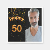 50th誕生日パーティー黒い金ゴールド写真男性ガイ スタンダードカクテルナプキン (正面)