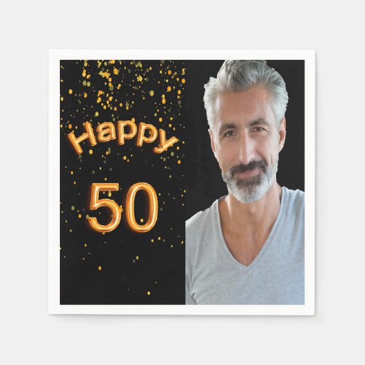 50th誕生日パーティー黒い金ゴールド写真男性ガイ スタンダードカクテルナプキン (正面)