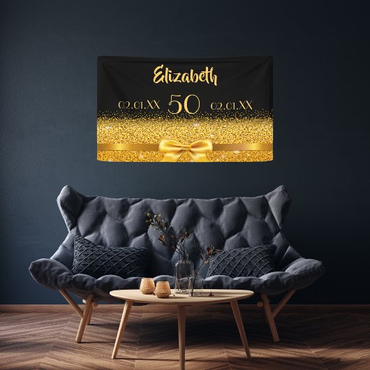 50th誕生日パーティー黒い金ゴールド名ようこそ 横断幕
