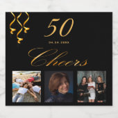 50th誕生日パーティー黒い金ゴールド応援写真 スパークリングワインラベル (シングルラベル)