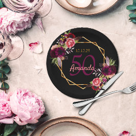 50th誕生日パーティー黒い金ゴールドgeoフローラブルゴーニュ ペーパープレート