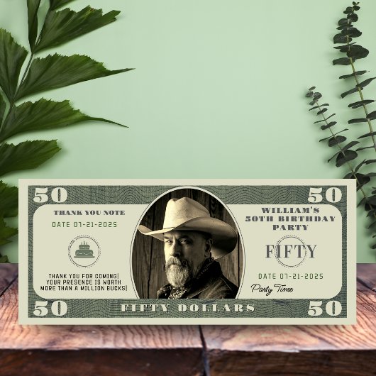 50th誕生日パーティー50ドル手形サンキューカード