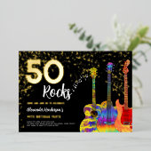 50th誕生日パーティー50ロックギター金ゴールドグリッター 箔招待状 (立ち正面)