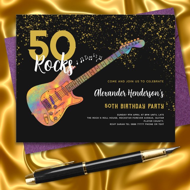 50th誕生日パーティー50ロック金ゴールドグリッター予算 (Rock and Roll 50th birthday party black and gold glitter budget invitation funky electric guitar)