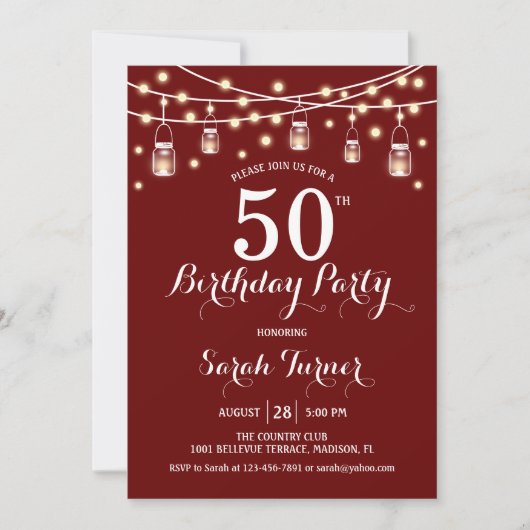 50th誕生日パーティー – 濃い赤 招待状 (正面)