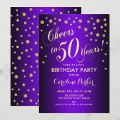 50th誕生日パーティー – 金ゴールド紫 招待状 (正面/裏面)