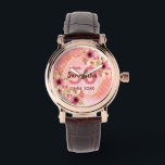 50th誕生日パーティーcoral金ゴールドダリア花 腕時計<br><div class="desc">50歳のトレンディープレゼントの時計。金ゴールドフェイク六角の幾何学形状のフレームで。ピンク飾、クリームとサンゴに水色のダリアの花を持つ。背景に水玉模様を生きたサンゴ。名前、年齢50と日付のテンプレート。誕生日またはパーティー日。ブルゴーニュと珊瑚色の文字。</div>