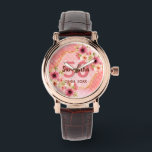50th誕生日パーティーcoral金ゴールドダリア花 腕時計<br><div class="desc">50歳のトレンディープレゼントの時計。金ゴールドフェイク六角の幾何学形状のフレームで。ピンク飾、クリームとサンゴに水色のダリアの花を持つ。背景に水玉模様を生きたサンゴ。名前、年齢50と日付のテンプレート。誕生日またはパーティー日。ブルゴーニュと珊瑚色の文字。</div>