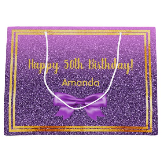 50th誕生日パープルピンクグリッターモノグラム名 ラージペーパーバッグ (正面)