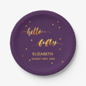 50th誕生日パープル金ゴールドこんにちは50タイポグラフィ ペーパープレート (正面)