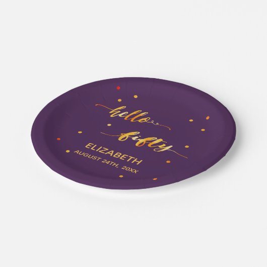 50th誕生日パープル金ゴールドこんにちは50タイポグラフィ ペーパープレート (アングル)