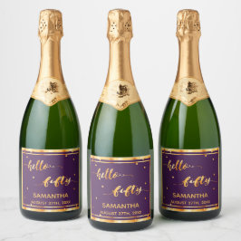 50th誕生日パープル金ゴールドhello 50ネームスクリプト スパークリングワインラベル