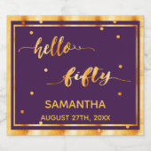 50th誕生日パープル金ゴールドhello 50ネームスクリプト スパークリングワインラベル (シングルラベル)