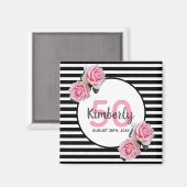 50th誕生日ピンクのバラのブラックストライプの名前 マグネット (正面/裏面)