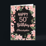 50th誕生日ピンク桃色水彩フローラブラック カード<br><div class="desc">50番目の誕生日ピンク桃水色フローラブラック誕生日カード。さらにカスタマイズするには、「クリック カスタマイズ   」ボタンをクリックし、デザインツールを使用してこのテンプレートを変更してください。</div>