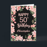 50th誕生日ピンク桃色水彩フローラブラック カード<br><div class="desc">50番目の誕生日ピンク桃水色フローラブラック誕生日カード。さらにカスタマイズするには、「クリック カスタマイズ   」ボタンをクリックし、デザインツールを使用してこのテンプレートを変更してください。</div>