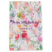 50th誕生日ピンク紫の花模様名 ミディアムペーパーバッグ (正面)