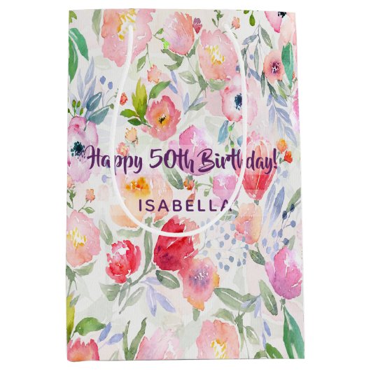 50th誕生日ピンク紫の花模様名 ミディアムペーパーバッグ (正面)