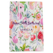 50th誕生日ピンク紫の花模様名 ミディアムペーパーバッグ (裏面)