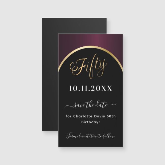 50th誕生日ブラックブルゴーニュ日付マグネットを保存 (正面/裏面)