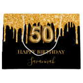 50th誕生日ブラック金ゴールドグリッタードライブ名 ラージペーパーバッグ (正面)