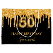 50th誕生日ブラック金ゴールドグリッタードライブ名 ラージペーパーバッグ (裏面)