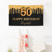 50th誕生日ブラック金ゴールドグリッタードライブ名 横断幕 (インサイチュ)