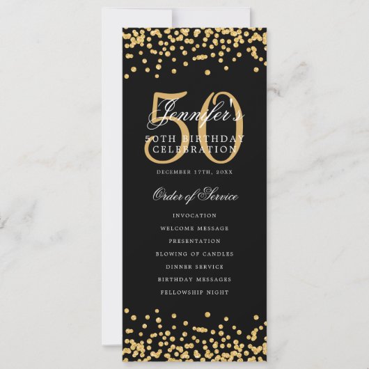 50th誕生日プログラムメニューありがとうご金ゴールド紙吹雪 招待状 (正面)