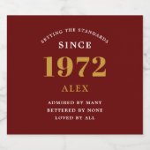 50th誕生日名1972赤金ゴールドシック スパークリングワインラベル (シングルラベル)