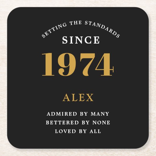 50th誕生日名1974ブラック金ゴールドシック スクエアペーパーコースター (正面)