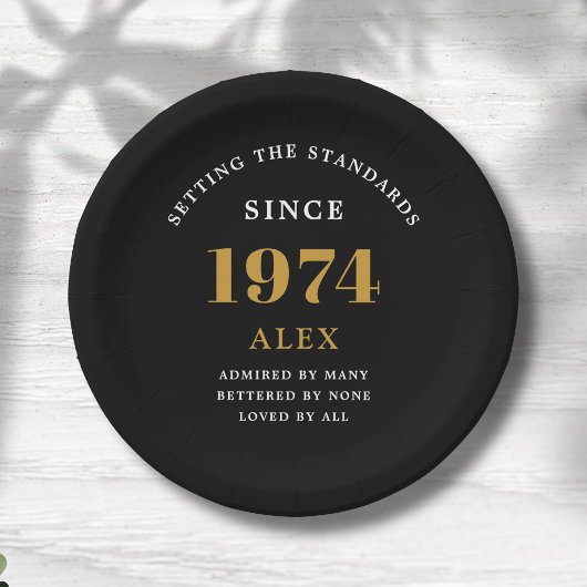 50th誕生日名1974ブラック金ゴールドシック ペーパープレート