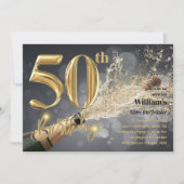 50th誕生日招待状FOR HIM - 金ゴールドシャンパン 招待状 (正面)