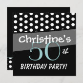 50th誕生日白黒アクア水玉模様メタル 招待状 (正面/裏面)