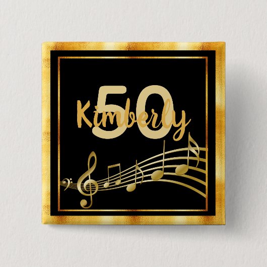 50th誕生日金ゴールド音楽ノート上のシックな黒 缶バッジ (正面)