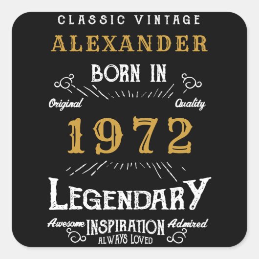50th誕生日1972名前の追加レジェンダリーブラック金ゴールド スクエアシール (正面)