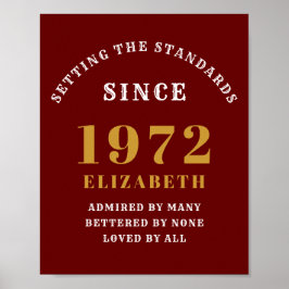 50th誕生日1972赤エレガント金ゴールドシック ポスター