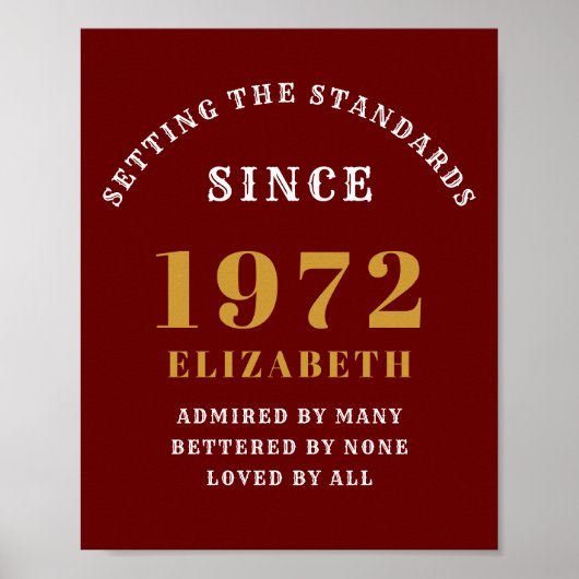 50th誕生日1972赤エレガント金ゴールドシック ポスター (正面)