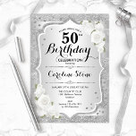 50th誕生日 – シルバーストライプローズ 招待状<br><div class="desc">50番目の誕生日招待状。エレガントフローラデザインは白と銀。特徴フェイクグリッター銀ストライプのフォントと紙吹雪の白いバラスタイリッシュのスクリプト。グラム誕生日パーティーに最適。</div>