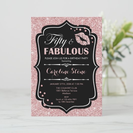 50th誕生日 – フィフティファーブルバラ金ゴールドブラック 招待状 (スタンド正面)