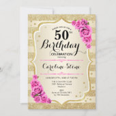 50th誕生日-金ゴールドスストライプピンクローズ招待状 招待状 (正面)