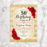 50th誕生日-金ゴールドストライプバラ招待状 招待状<br><div class="desc">50番目の誕生日招待状。デザインエレガントは金ゴールドと赤。機能フェイクグリッターストライプ金ゴールド、赤いバラスタイリッシュスのスクリプトフォントと紙吹雪。グラム誕生日パーティーに最適。</div>
