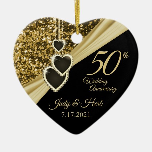 50th金ゴールドグリッター記念日 – カスタム セラミックオーナメント (正面)