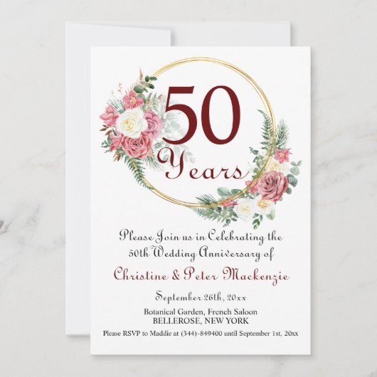 50th金ゴールド結婚の記念日バラ金ゴールドフレーム 招待状 (正面)