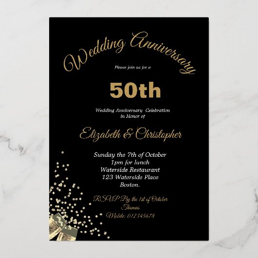 50th金ゴールド結婚ズ記念ブラックシックエレガント 箔招待状 (裏面)
