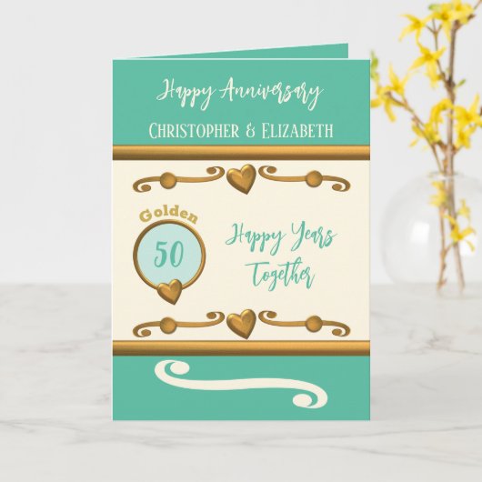 50th金ゴールド記念日の名前の追加海緑 カード (黄色い花)
