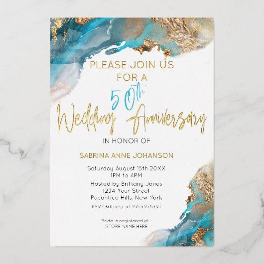 50th カスタム W周年記念ティール（緑がかった色）と金ゴールド抽象芸術 箔シーズンカード (正面)