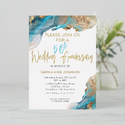 50th カスタム W周年記念ティール（緑がかった色）と金ゴールド抽象芸術 箔シーズンカード (立ち正面)