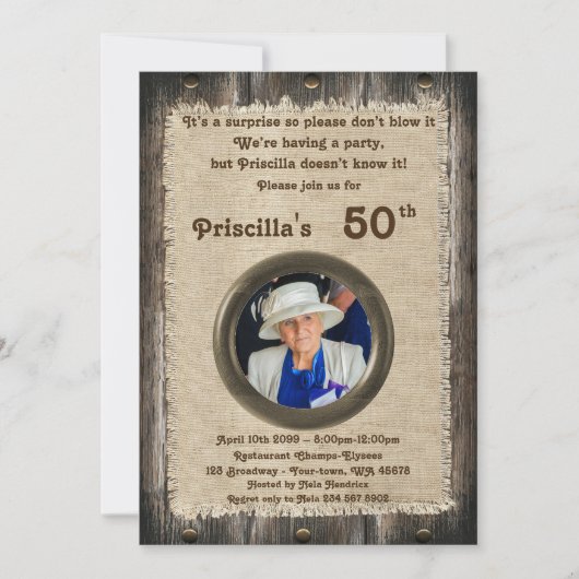 50th,誕生日パーティーの女性,任意の年齢,木材,素朴 招待状 (正面)