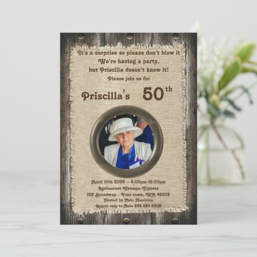 50th，誕生日パーティーの女性，任意の年齢，木材，素朴 招待状 (スタンド正面)